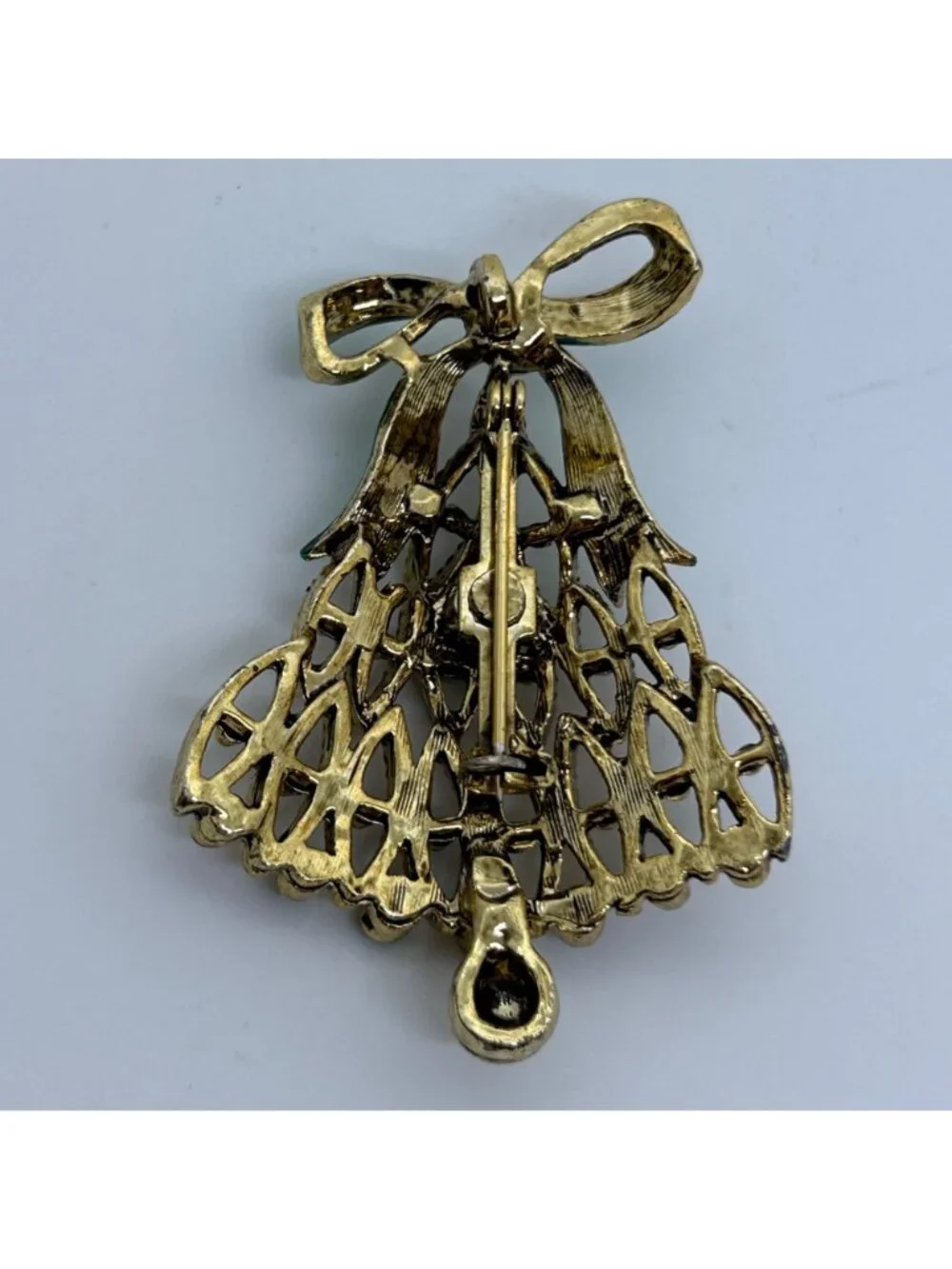Vintage Christmas Tree Bell-Shape Brooch Gold Tone Green Enamel Bow Holiday Pin